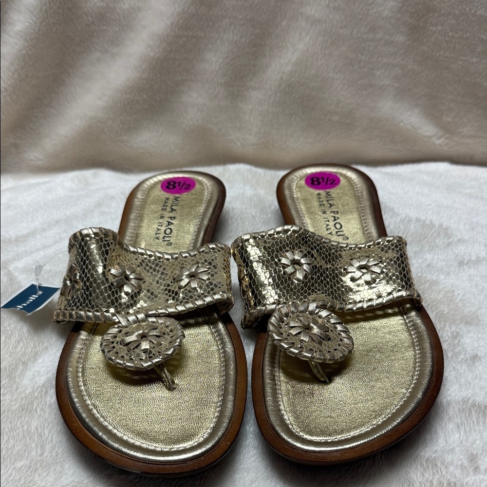 Mila Paoli Gold Leather Toe Ring Sandals 8.5 Made in Italy Boho Slide